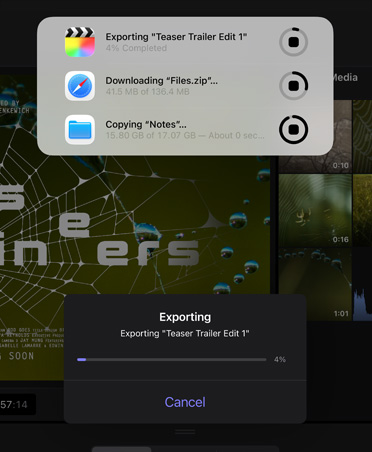 Notifikationer om opgaver i baggrunden viser status for eksport af en video, download af en fil og sikkerhedskopiering af noter