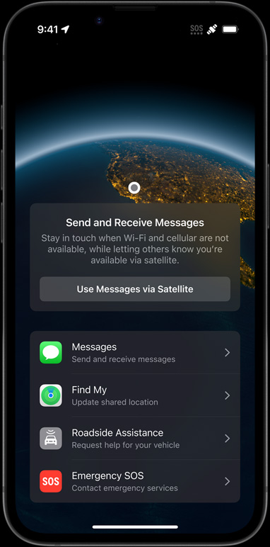 iPhone 16e showing connectivity features like Messages via Satellite, Find My, Roadside Assistance, and Emergency SOS.
