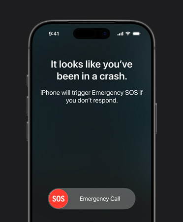 iPhone 17 Pro, вид спереду, заокруглені кути, використовується функція «Виявлення аварій»