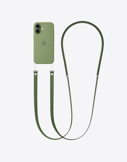 iPhone 17, tagakülg, roheline ümbris, küljes roheline Crossbody rihm