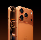 iPhone 17 Pro، لون برتقالي كوني، الجزء الخلفي الخارجي بزاوية مائلة، نظام كاميرا Pro Fusion في المنصة العلوية، زر التحكم في الكاميرا، الجزء الأمامي الخارجي بتصميم كله شاشة، زر الإجراءات وزرّا ضبط مستوى الصوت