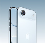 iPhone Air, sky blue color, back angled exterior, Fusion camera system in plateau at top, Camera Control button, front side exterior, all-screen design, Action and volume buttons