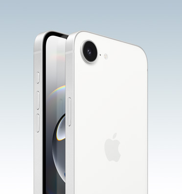 iPhone 16e in White finish, partial-screen display and side angle shows - Action, volume and side button. Back exterior shows 2 in 1 camera system in top left corner.