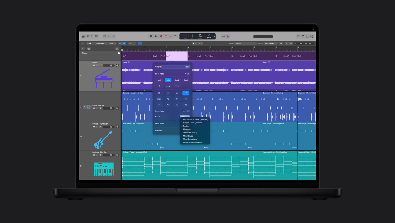 MacBook Pro 16 screen showing Chord Track, Piano, Platinum Cuts, Simple Foundation, Majestic Rise Pad, Chord window adjustments