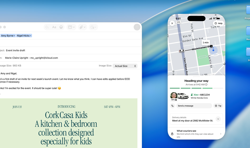 MacBook Pro, app Mail abierta, la pantalla de un iPhone duplicada en la pantalla de la MacBook Pro muestra que está llegando un pedido de Uber Eats