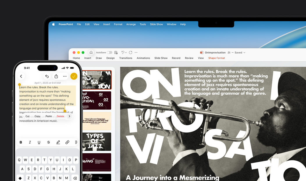 iPhone 16 Plus con texto resaltado en la app Notas, MacBook Pro con una diapositiva de Keynote abierta, el texto de la app Notas también aparece en la diapositiva