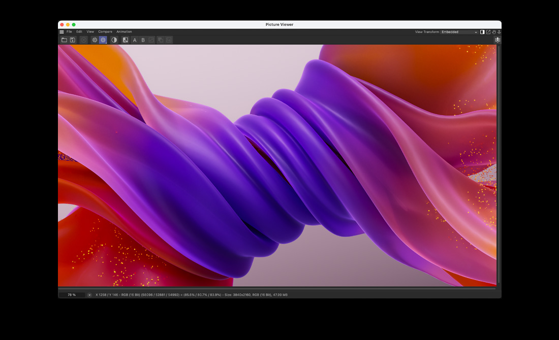 Pantalla de una MacBook Pro que muestra una animación compleja en 3D de una cinta girando sobre sí misma hecha en Cinema 4D