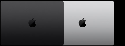 Exteriors of two MacBook Pro 14-inch with M5 models showing the two finishes available