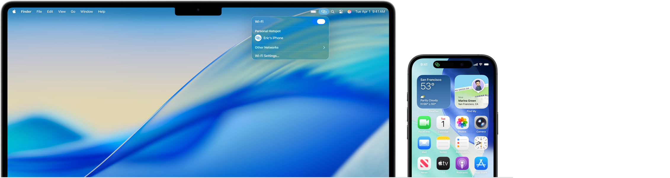 14-inch MacBook Pro, Control Center in menu bar open, Personal Hotspot connection reads: Eric’s iPhone, iPhone 16 with green Personal Hotspot indicator in top left of screen