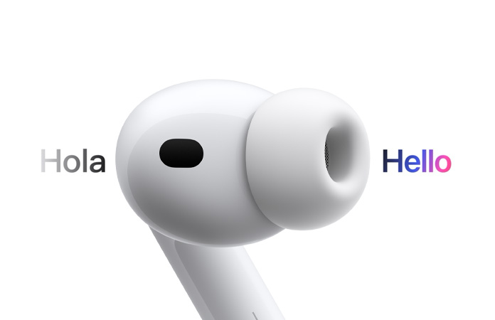 Écouteur AirPods Pro 3 montrant la Traduction en direct de l’espagnol vers l’anglais
